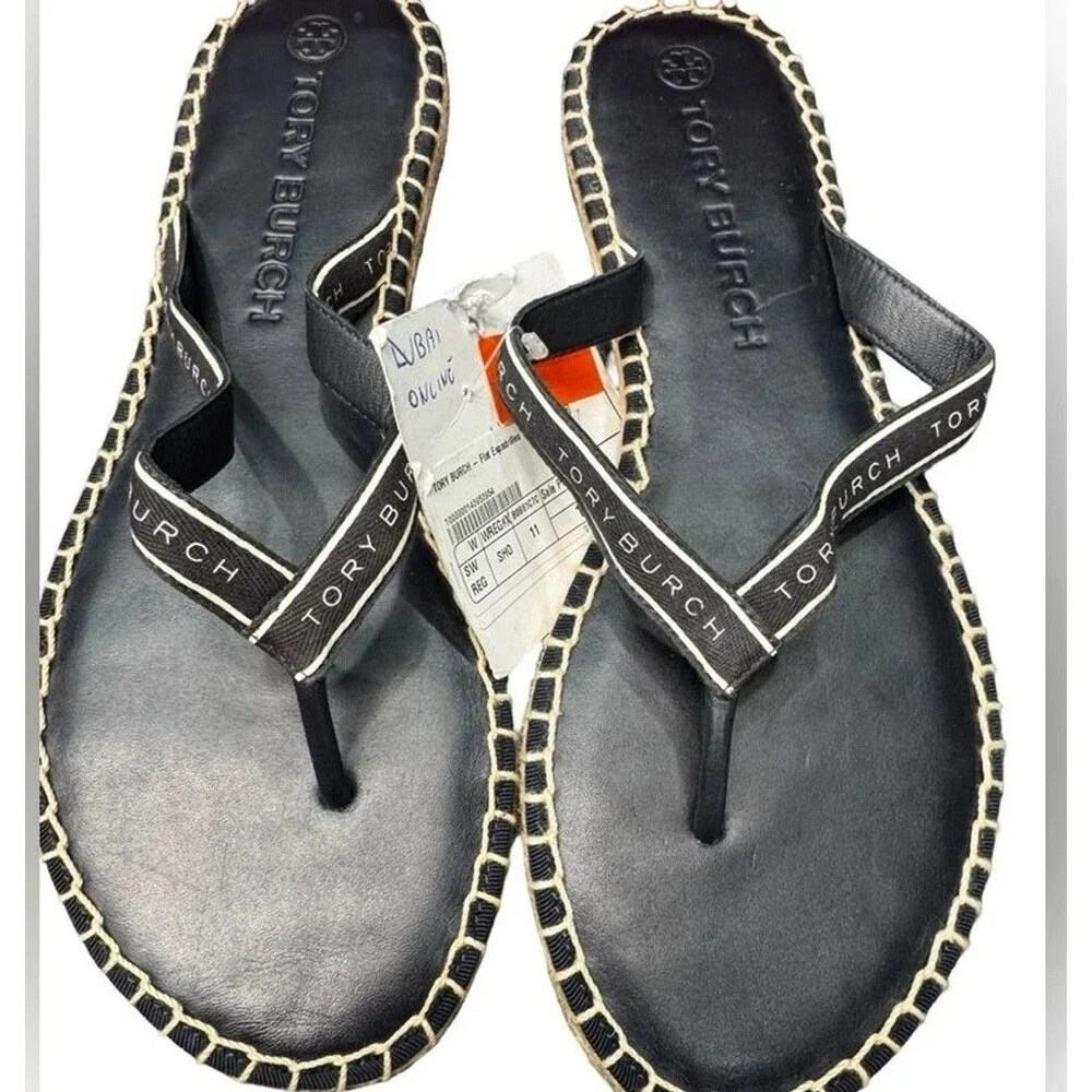 Tory Burch Flat Espadrille Sandals Women’s 11 Black White Logo Strap BNIB
